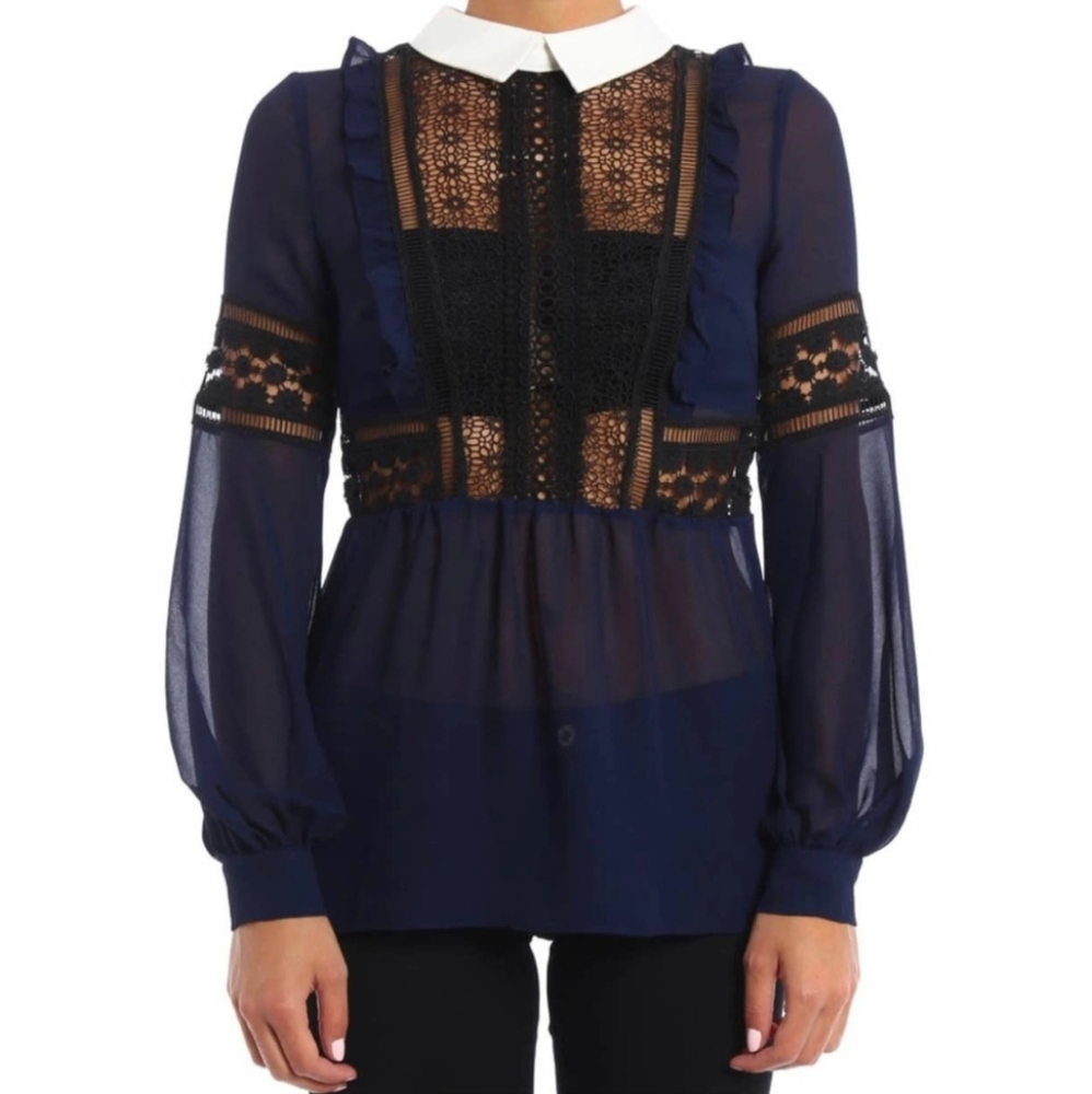 Self Portrait London Georgette And Guipure Lace Blouse Navy Size 4 - Picture 2 of 9